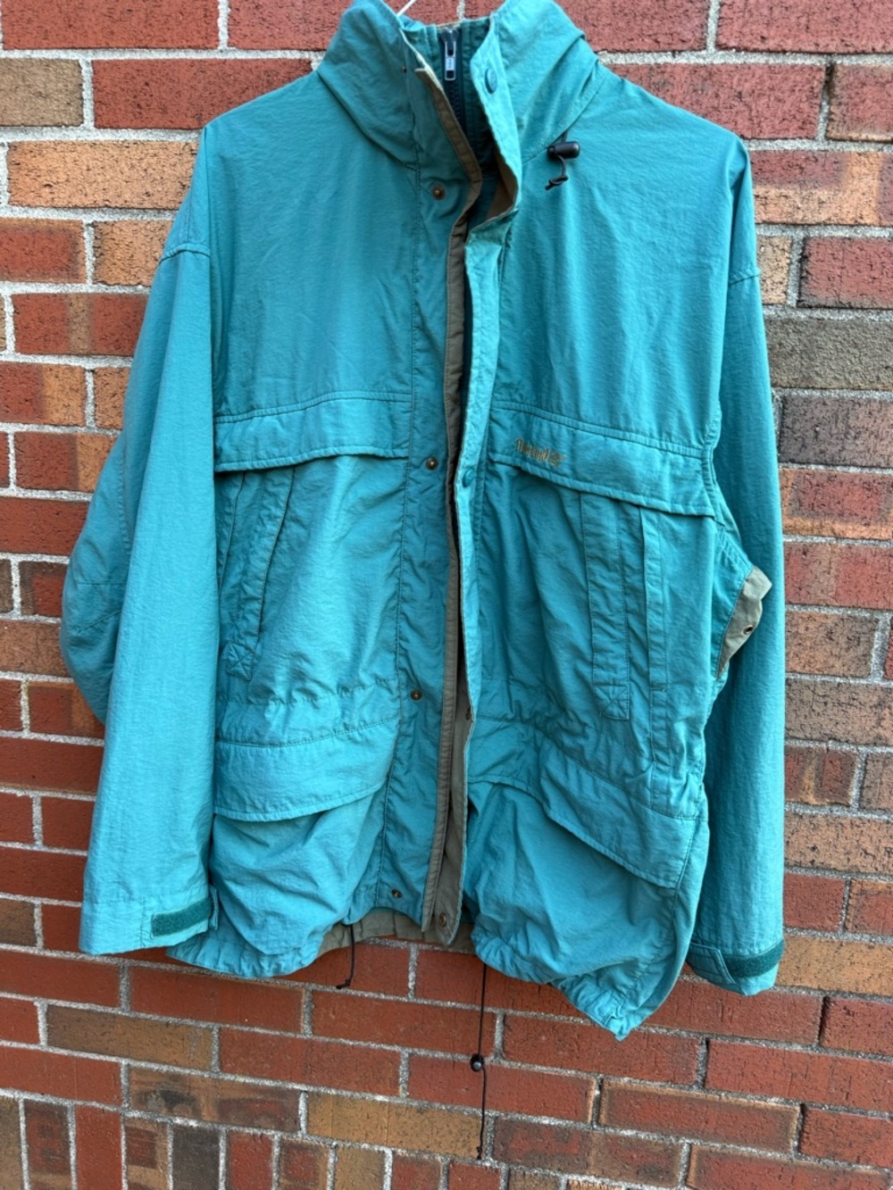 Vintage Timberland Weathergear Teal Green Utility Jacket Mens Hooded Windbreaker